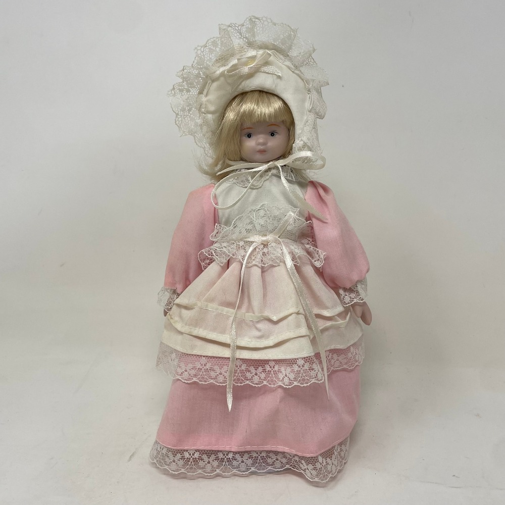 Vintage Porcelain Doll Pink Lace Victorian Dress Blonde Hair Collectible 9 Inch